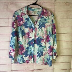 JM Collection 100% Linen Floral Button V Neck 3/4 Sleeve Tie‎ Hem Shirt Size 16